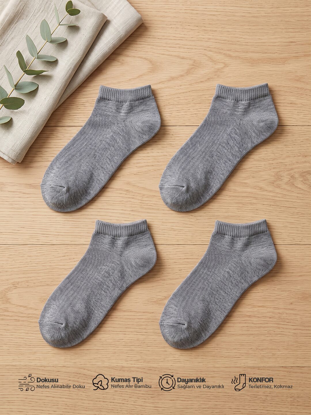4'lü Erkek Bambu Kısa Patik Yazlık, Günlük Gri Çorap